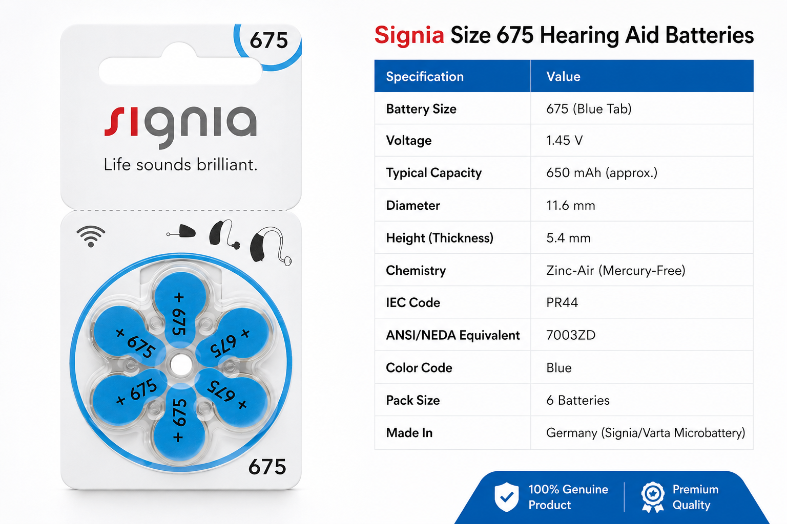 Signia Hearing Aid Batteries Size - 675  (Compatible With: BTE & Other Size 675 Hearing Aids)