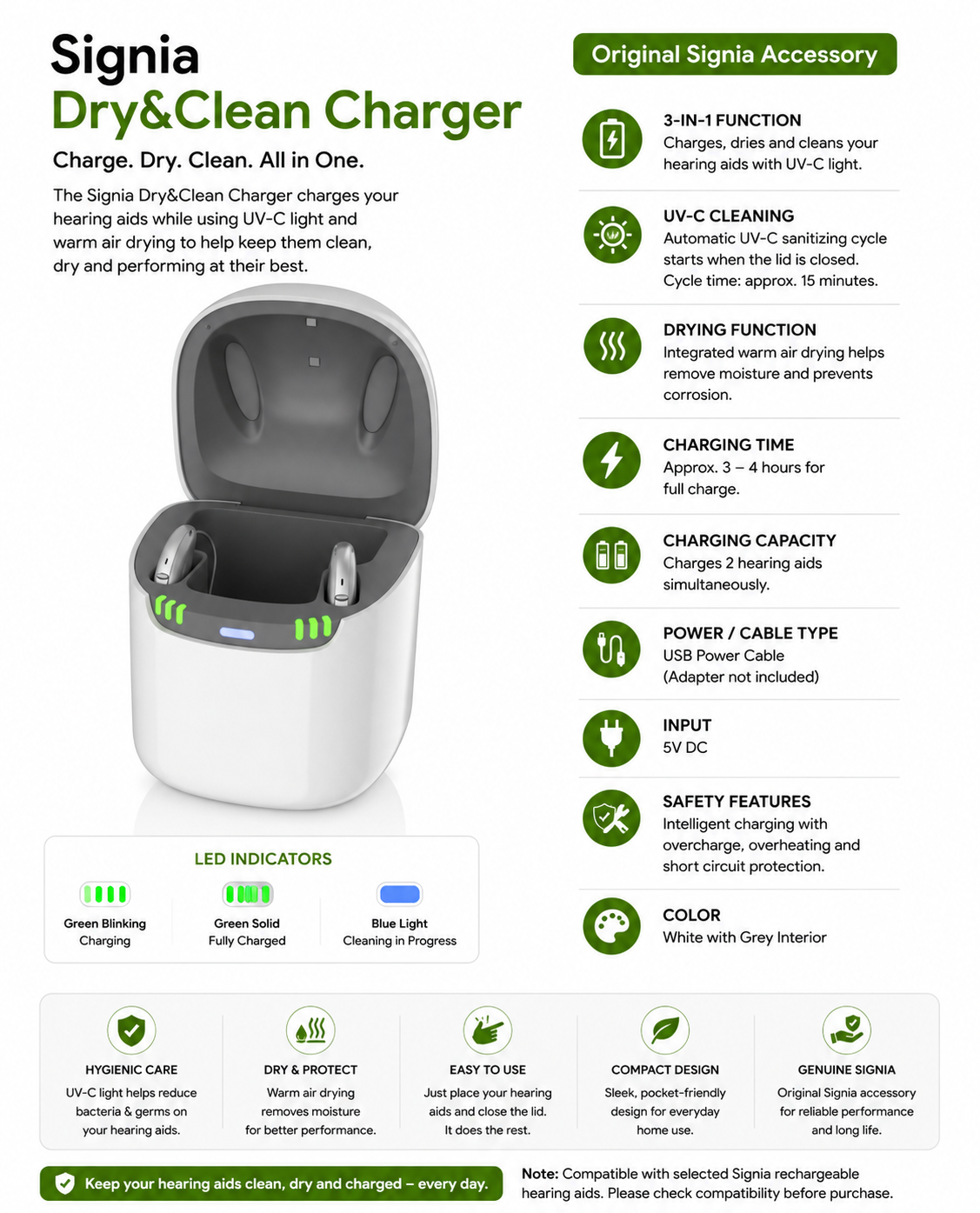 Signia Dry&Clean Charger – Original Charging, Drying & UV-C Cleaning Station