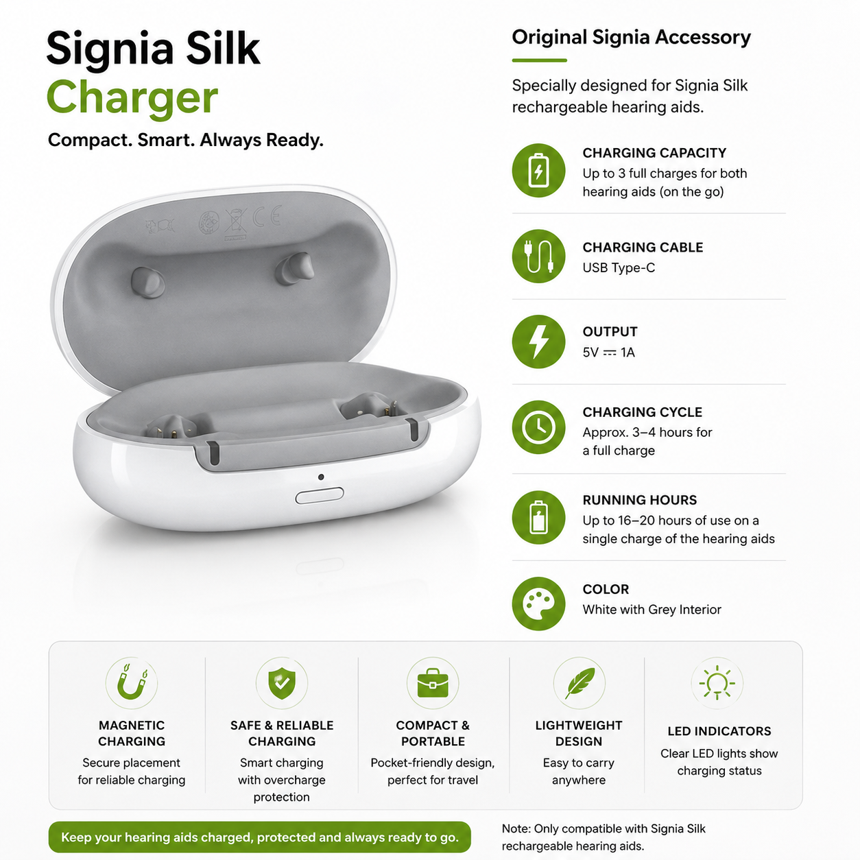 Signia Silk IX Charger – Original Portable Charging Case (USB-C)
