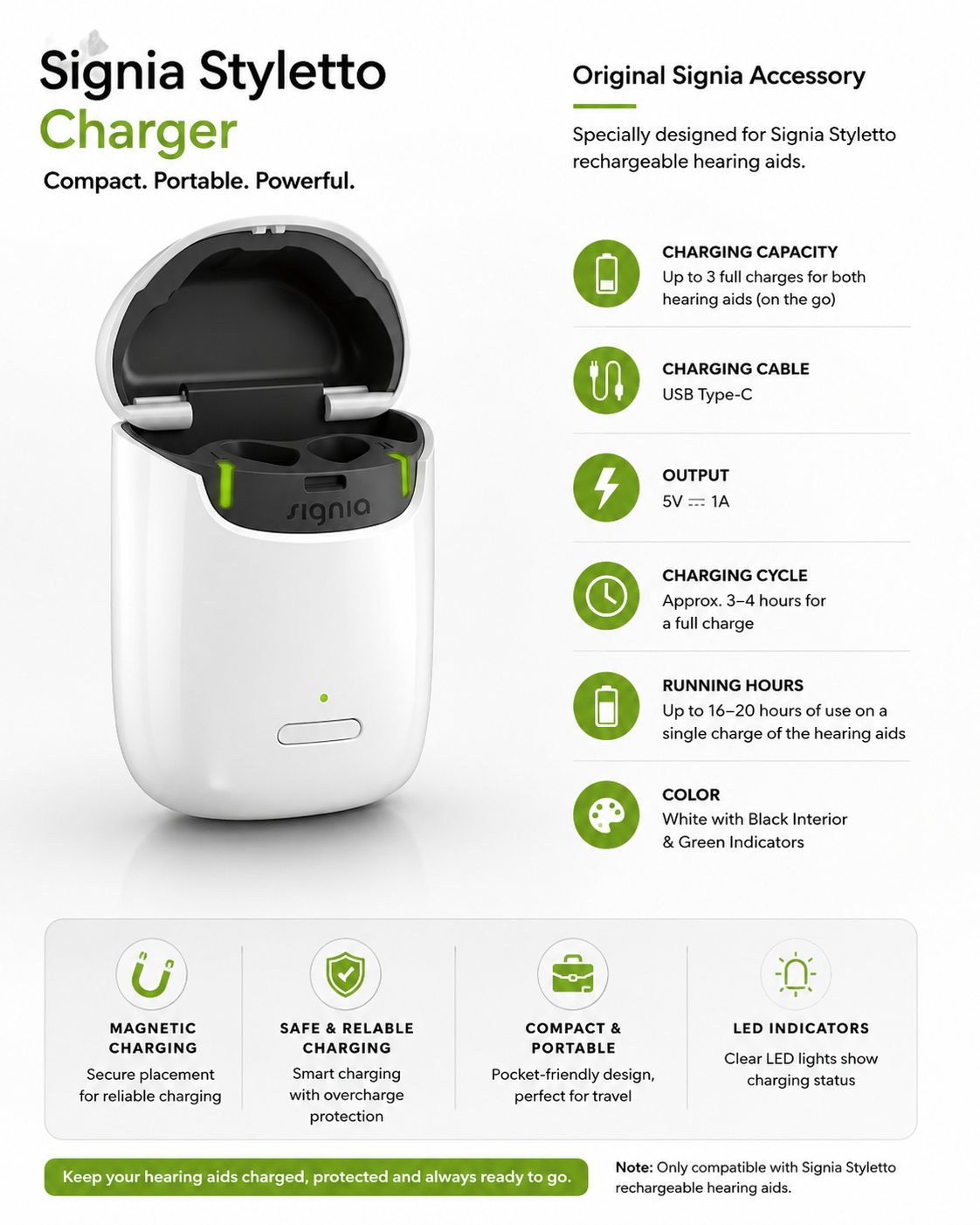 Signia Styletto Charger – Original Portable Charging Case (USB-C)