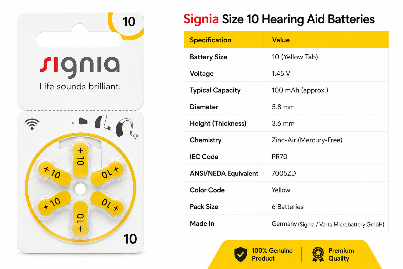 Signia Hearing Aid Batteries Size - 10 - (Compatible With: CIC, IIC & Other Size 10 Hearing Aids)