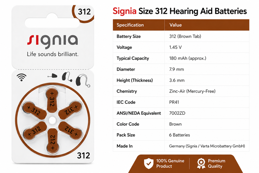 Signia Hearing Aid Batteries Size - 312 - (Compatible With: RIC, ITC, ITE & Other Size 312 Hearing Aids)